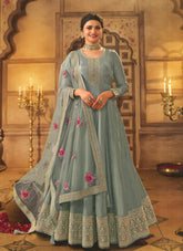 Dola Silk Embroidered Gown in Blue-Grey